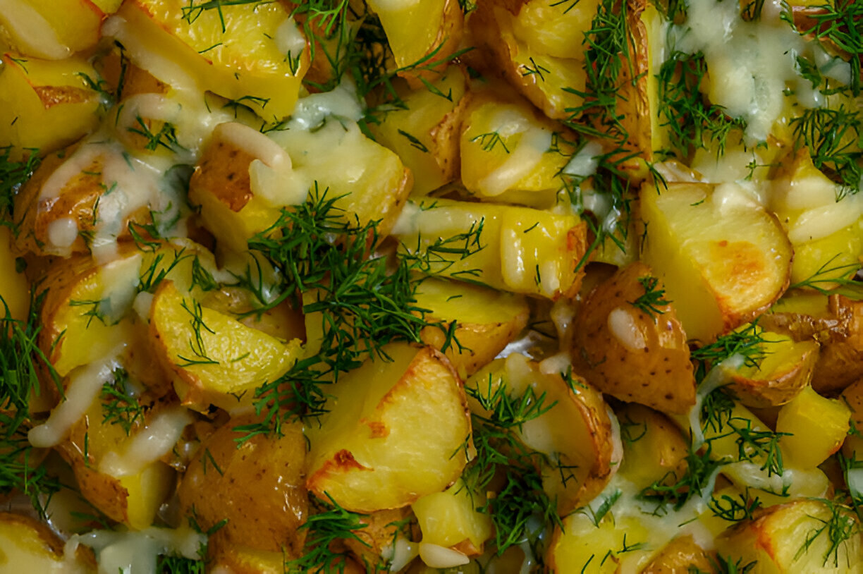 A close-up view of roasted yellow potatoes garnished with fresh dill and creamy sauce.