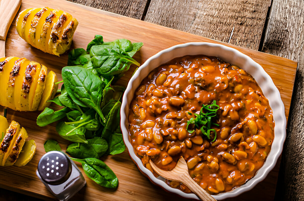 A wooden board featuring a bowl of savory baked beans, fresh spinach, and sliced roasted yellow potatoes.