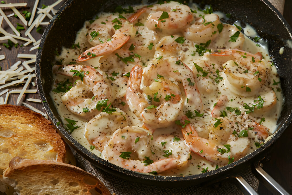 A skillet filled with creamy shrimp and parsley, alongside slices of toasted bread.