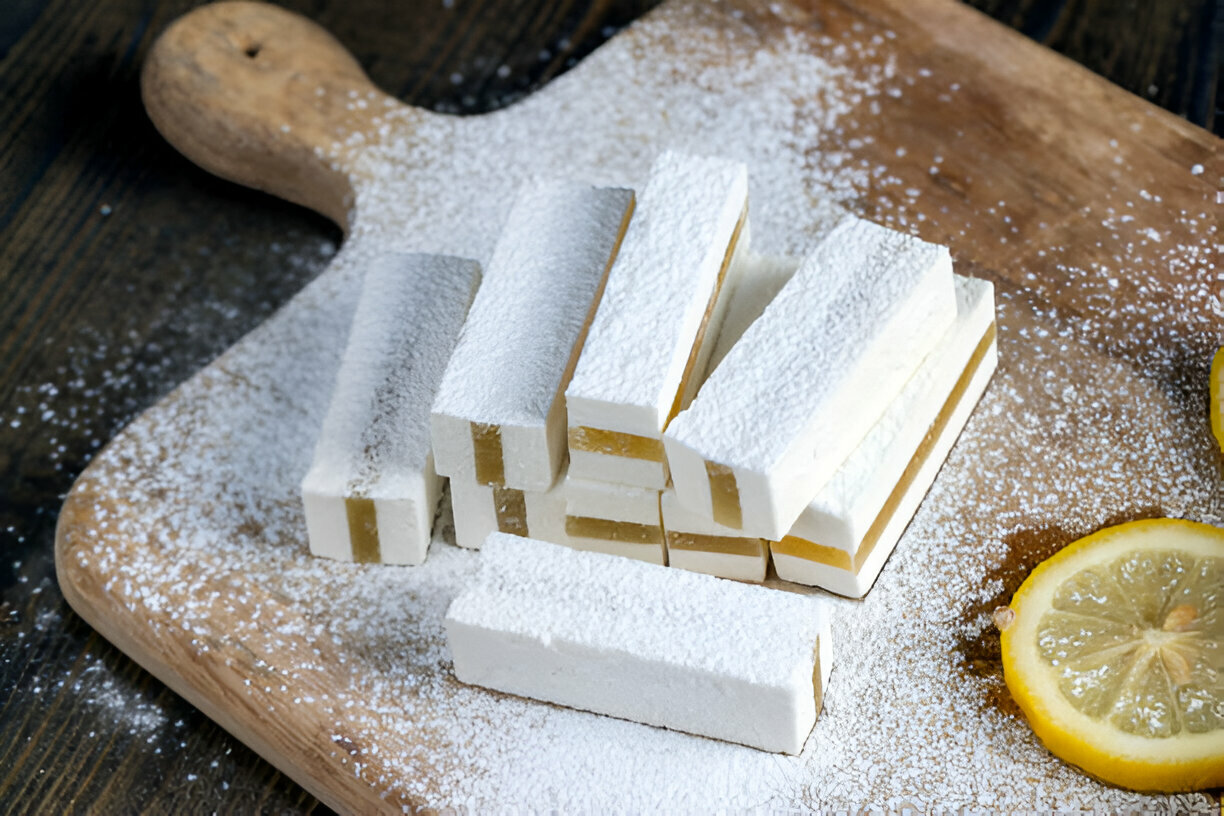 A delicious assortment of lemon-flavored sweets dusted with powdered sugar on a wooden cutting board.