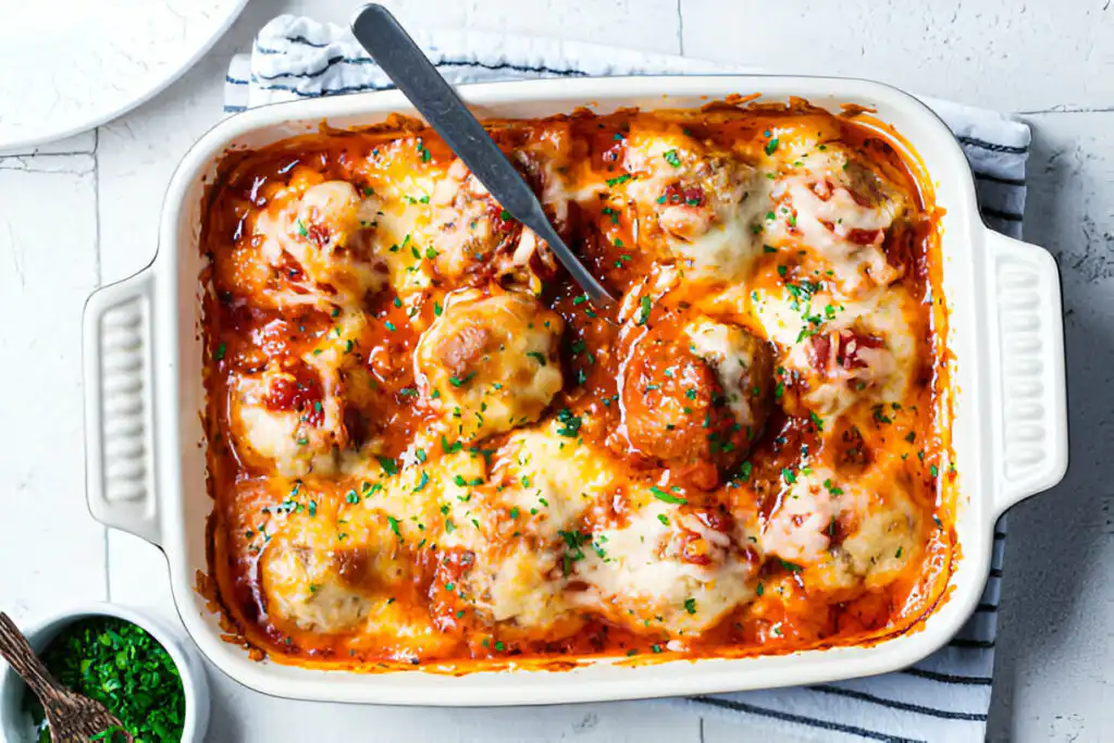 A delicious dish featuring meatballs smothered in sauce and melted cheese, garnished with parsley.