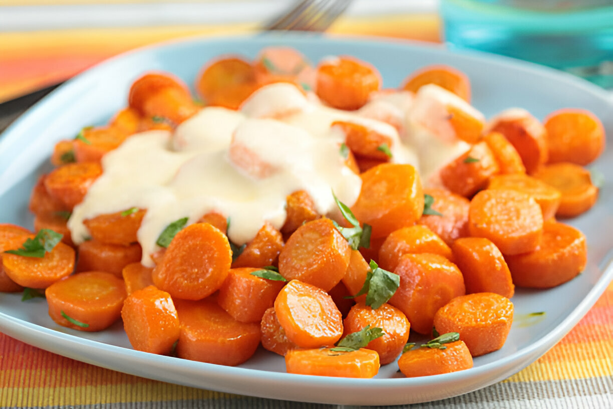 A plate of cooked carrots topped with a creamy sauce and garnished with herbs.