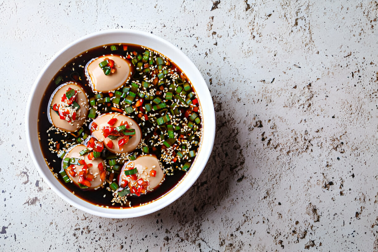 A bowl of marinated eggs in dark sauce with chopped green onions, red chili, and sesame seeds on a textured surface.
