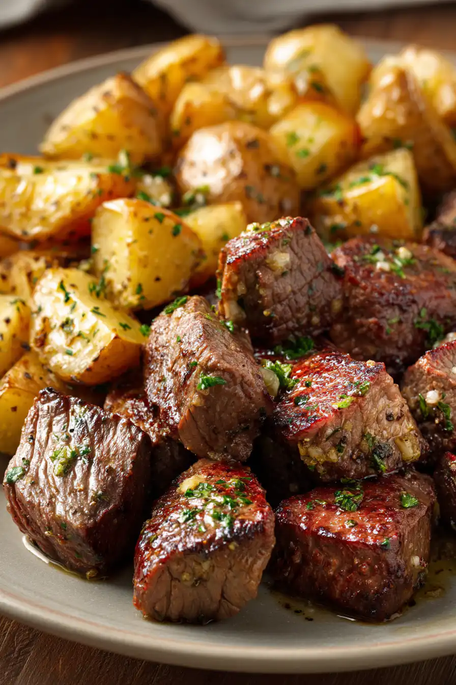 Air Fryer Garlic Butter Steak Bites and Potatoes