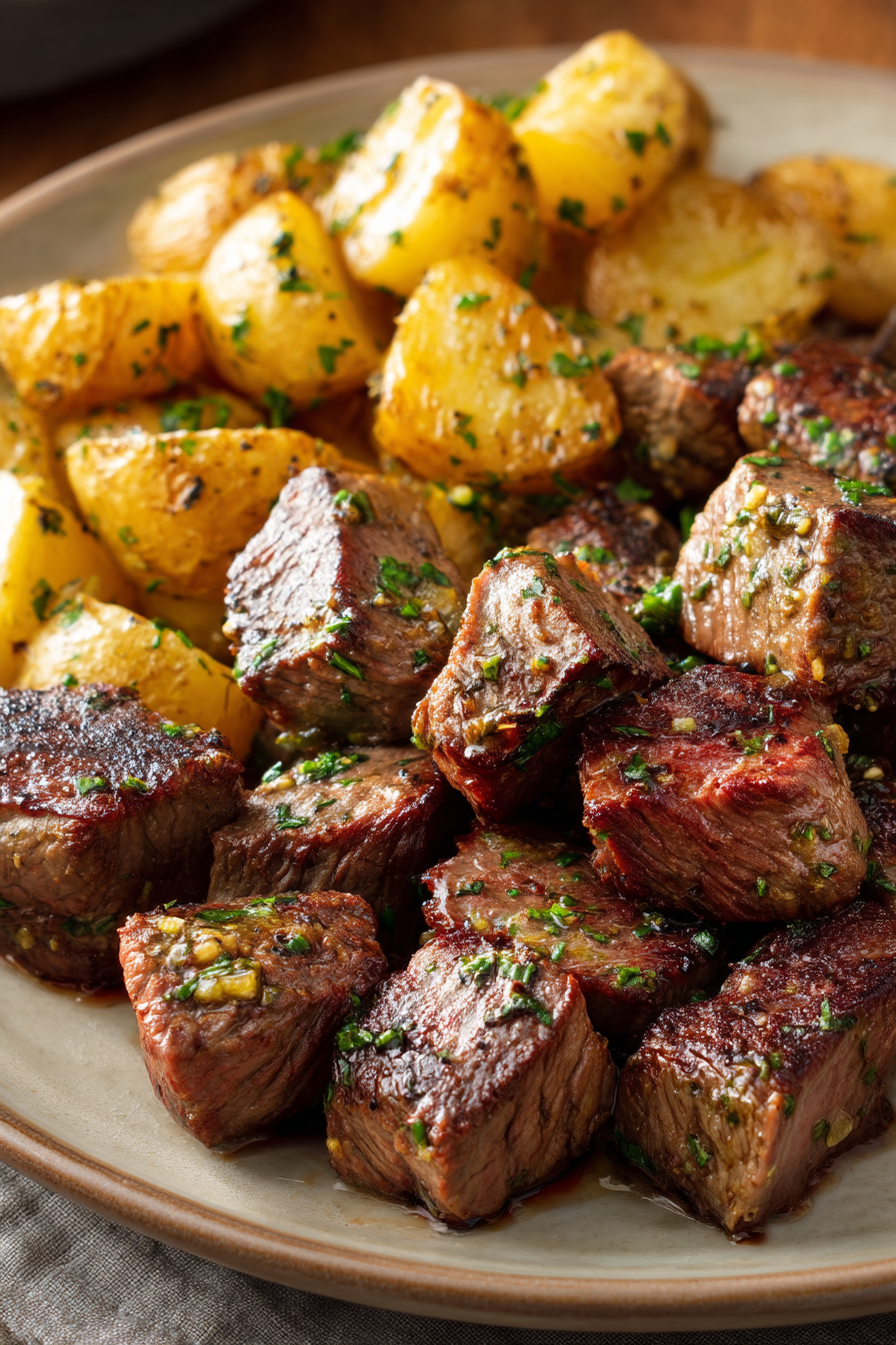 Air Fryer Garlic Butter Steak Bites and Potatoes