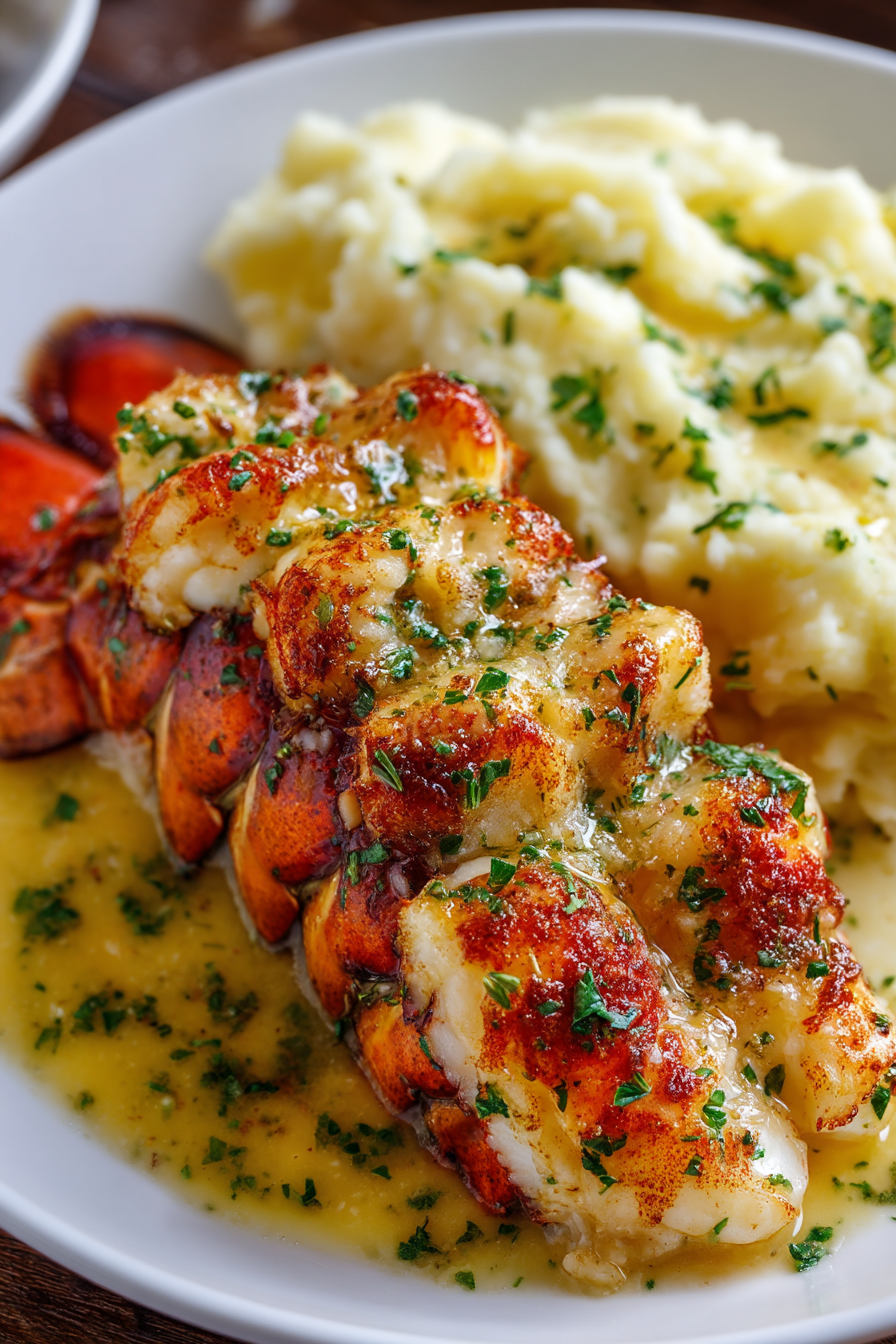 Baked Lobster Tails with Garlic Herb Butter Sauce and Mashed Potatoes