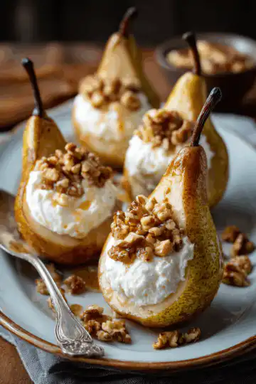Baked Pears with Cream Cheese and Walnut Topping