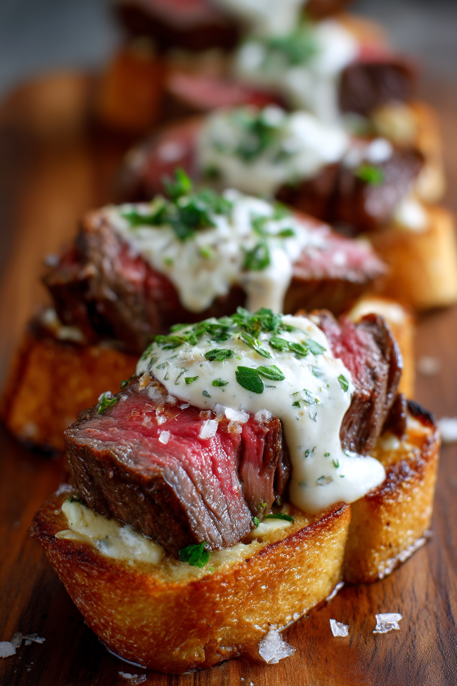 Beef Tenderloin Crostini with Parmesan Cream Sauce
