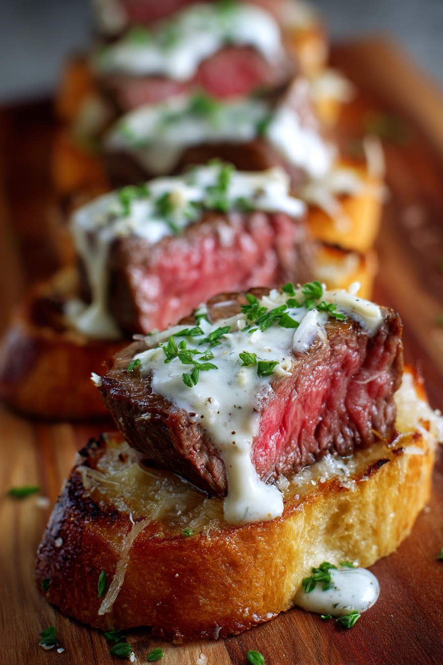 Beef Tenderloin Crostini with Parmesan Cream Sauce
