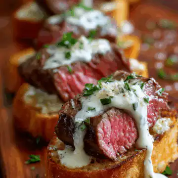 Beef Tenderloin Crostini with Parmesan Cream Sauce