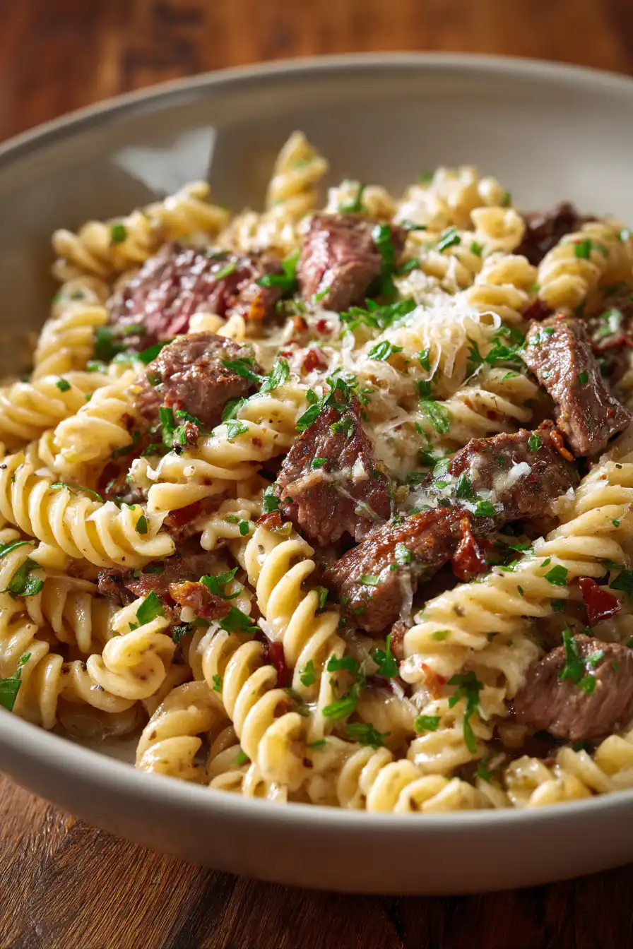 Beef and Rotini in Garlic Parmesan Sauce