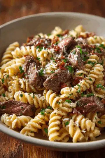 Beef and Rotini in Garlic Parmesan Sauce