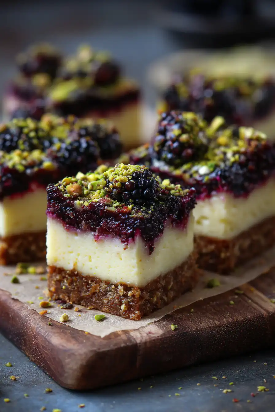 Blackberry Pistachio Cheesecake Bars