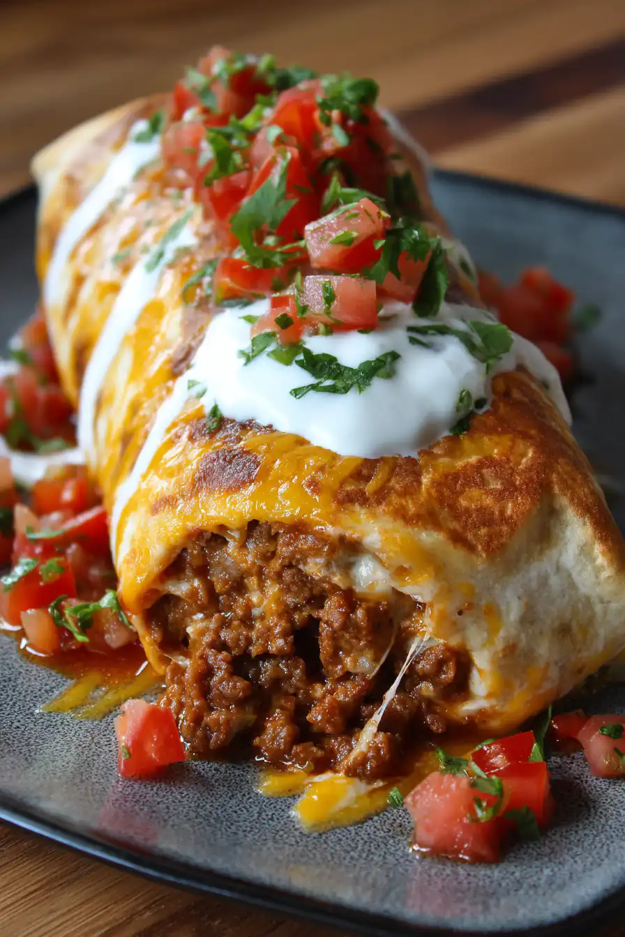 Cheesy Beefy Burrito Delight with Salsa and Sour Cream