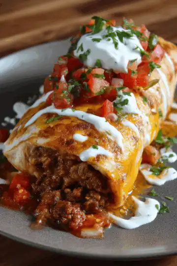 Cheesy Beefy Burrito Delight with Salsa and Sour Cream