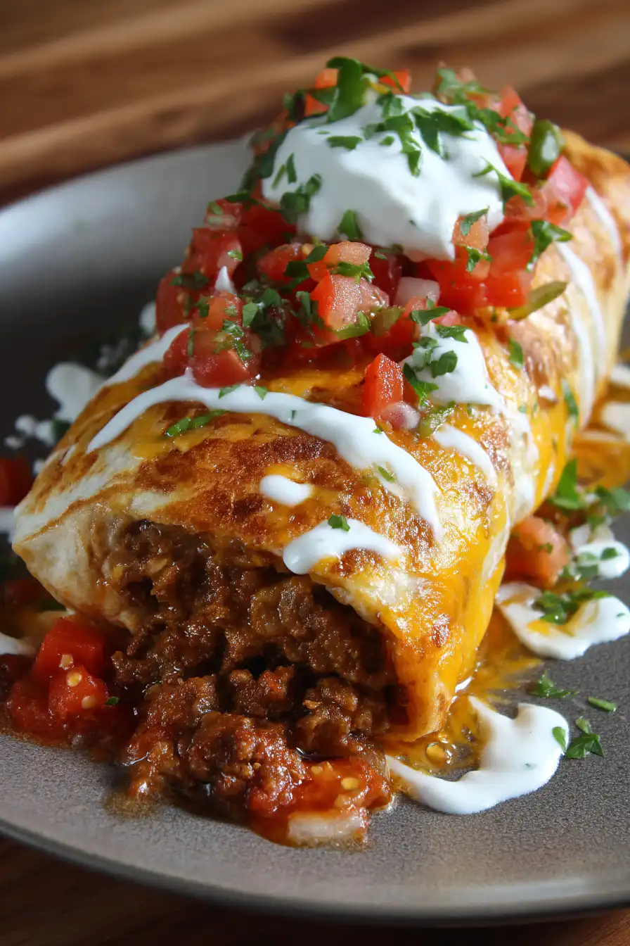Cheesy Beefy Burrito Delight with Salsa and Sour Cream