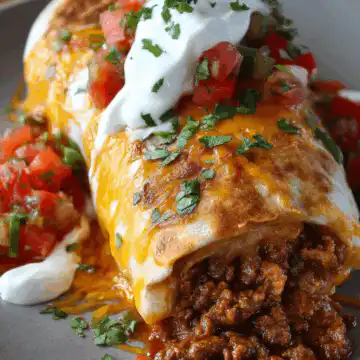 Cheesy Beefy Burrito Delight with Salsa and Sour Cream