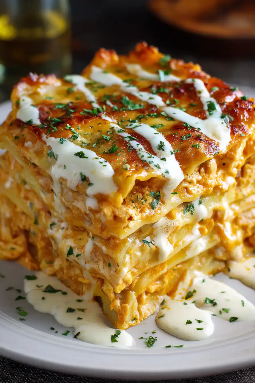 Cheesy Buffalo Chicken Lasagna with Ranch Drizzle