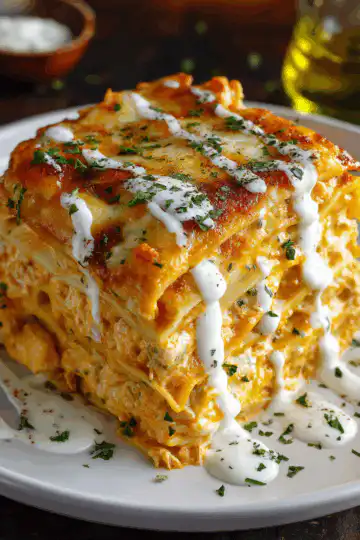 Cheesy Buffalo Chicken Lasagna with Ranch Drizzle