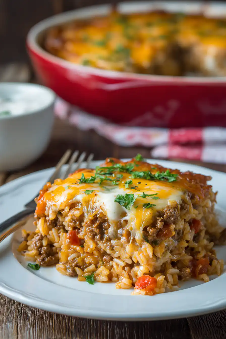 Cheesy Ground Beef and Rice Casserole
