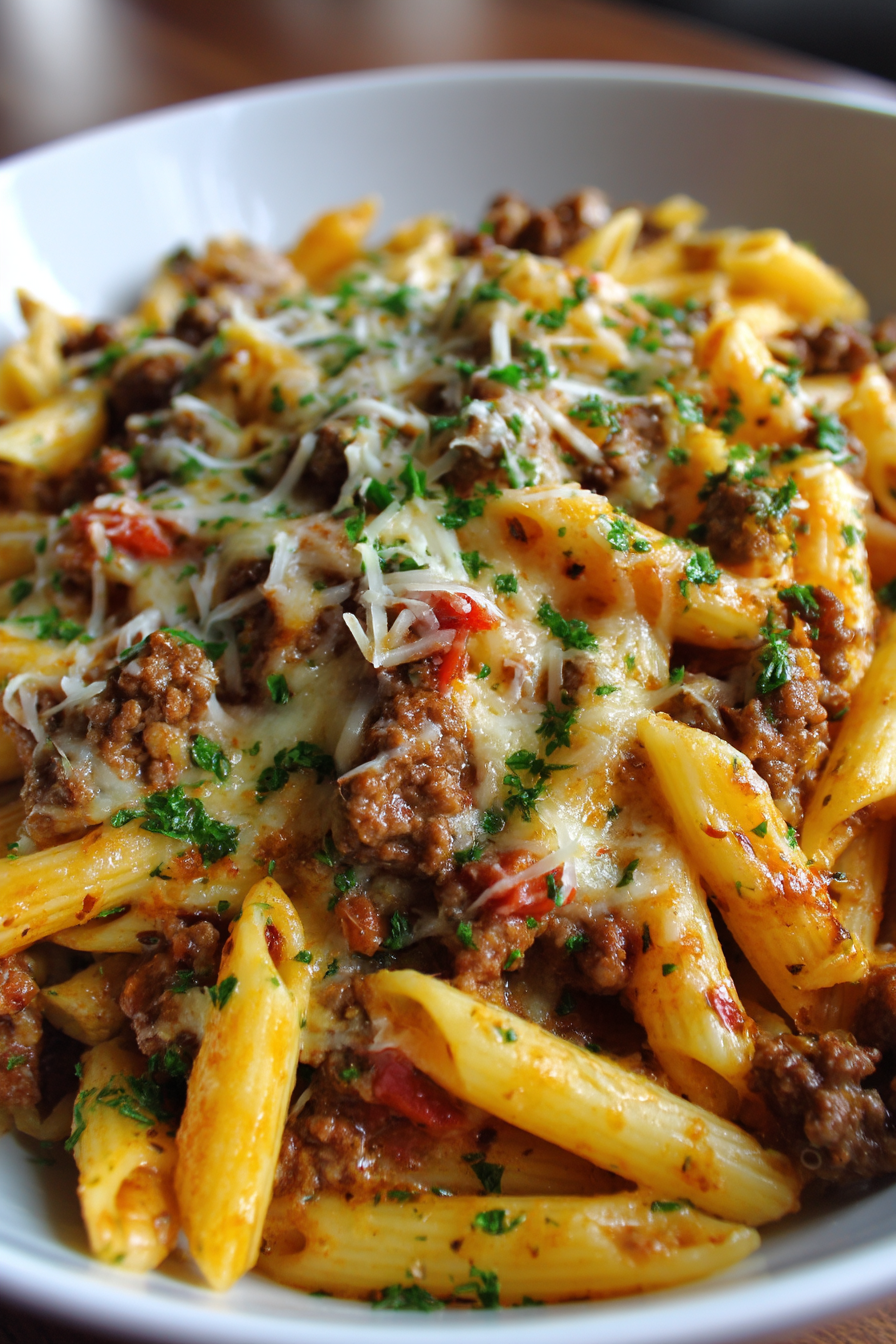 Cheesy Penne with Garlic Butter Ground Beef