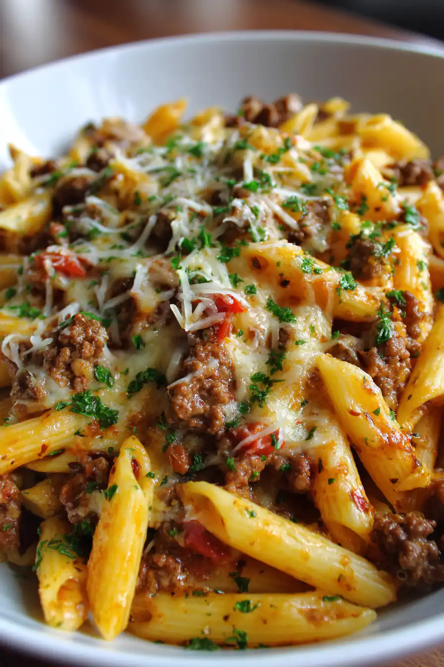 Cheesy Penne with Garlic Butter Ground Beef