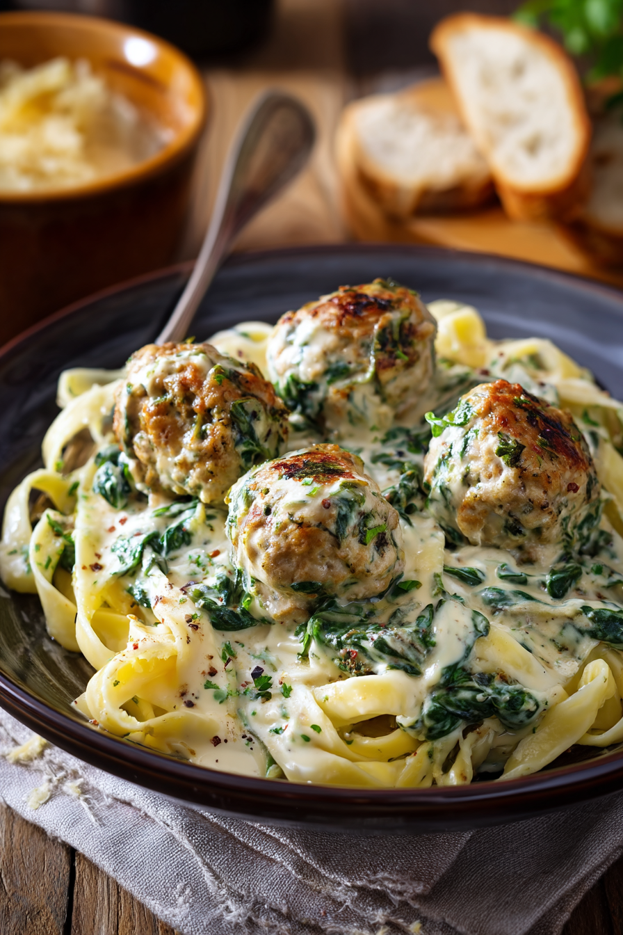 Chicken Ricotta Meatballs in Spinach Alfredo Sauce