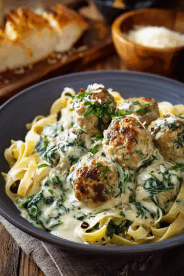 Chicken Ricotta Meatballs in Spinach Alfredo Sauce