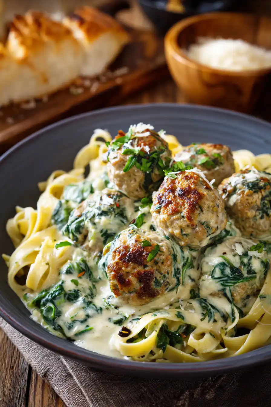 Chicken Ricotta Meatballs in Spinach Alfredo Sauce