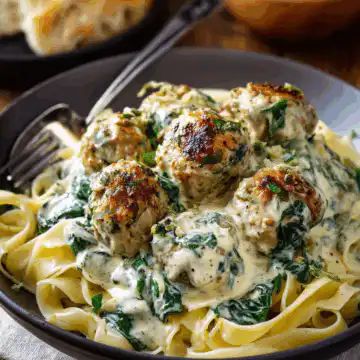 Chicken Ricotta Meatballs in Spinach Alfredo Sauce