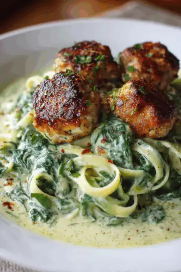 Chicken Ricotta Meatballs with Spinach Alfredo Sauce