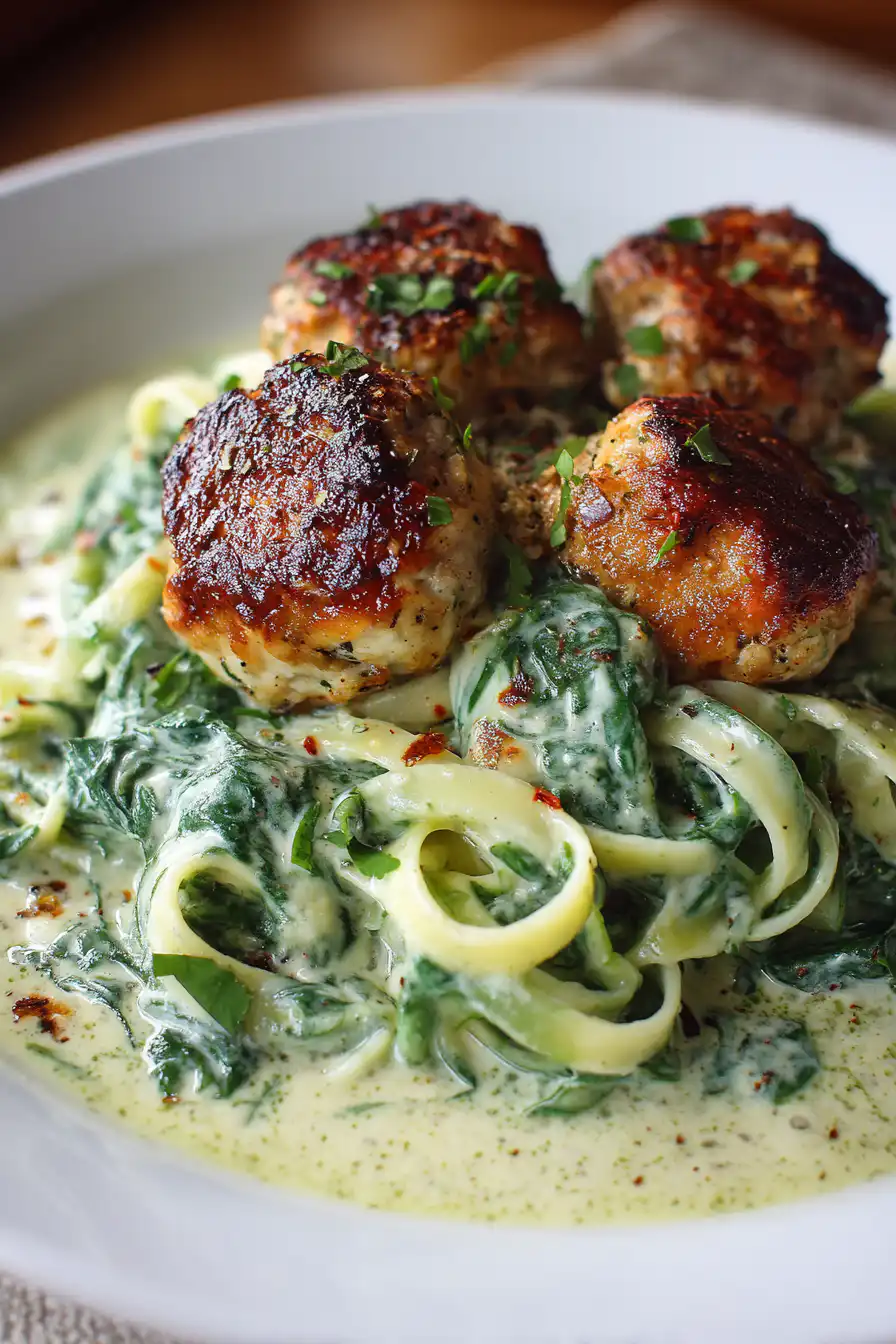Chicken Ricotta Meatballs with Spinach Alfredo Sauce