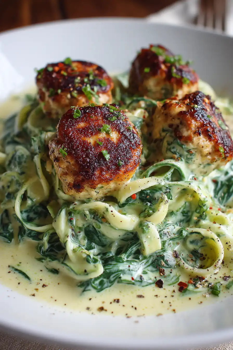 Chicken Ricotta Meatballs with Spinach Alfredo Sauce