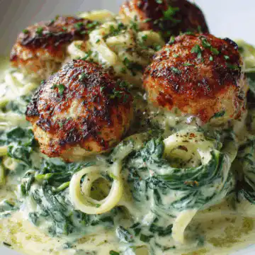 Chicken Ricotta Meatballs with Spinach Alfredo Sauce