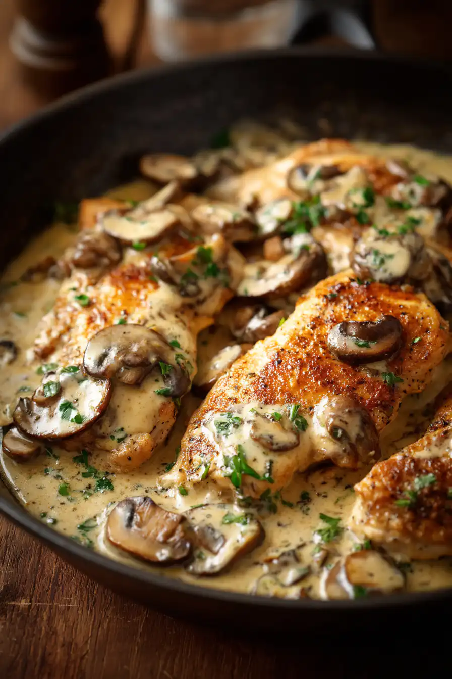 Chicken and Mushroom Skillet in a Creamy Asiago and Mustard Sauce