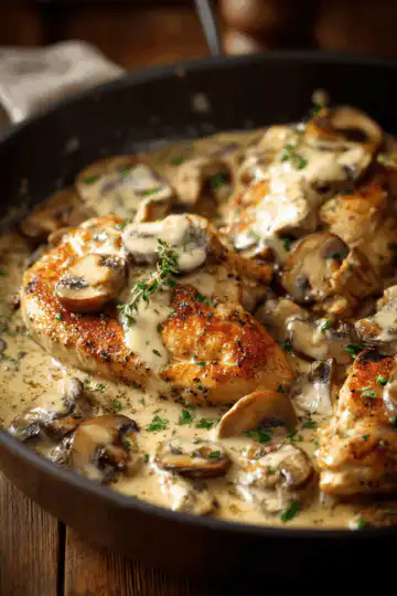Chicken and Mushroom Skillet in a Creamy Asiago and Mustard Sauce