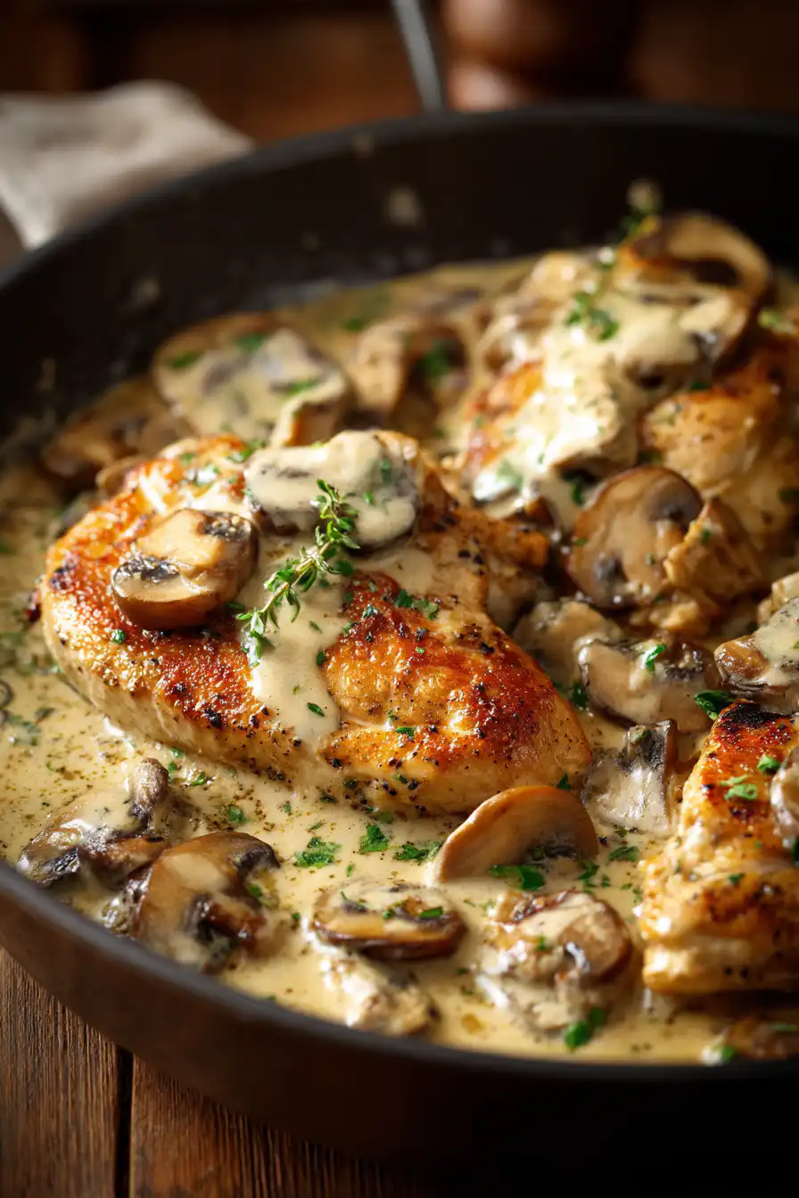 Chicken and Mushroom Skillet in a Creamy Asiago and Mustard Sauce