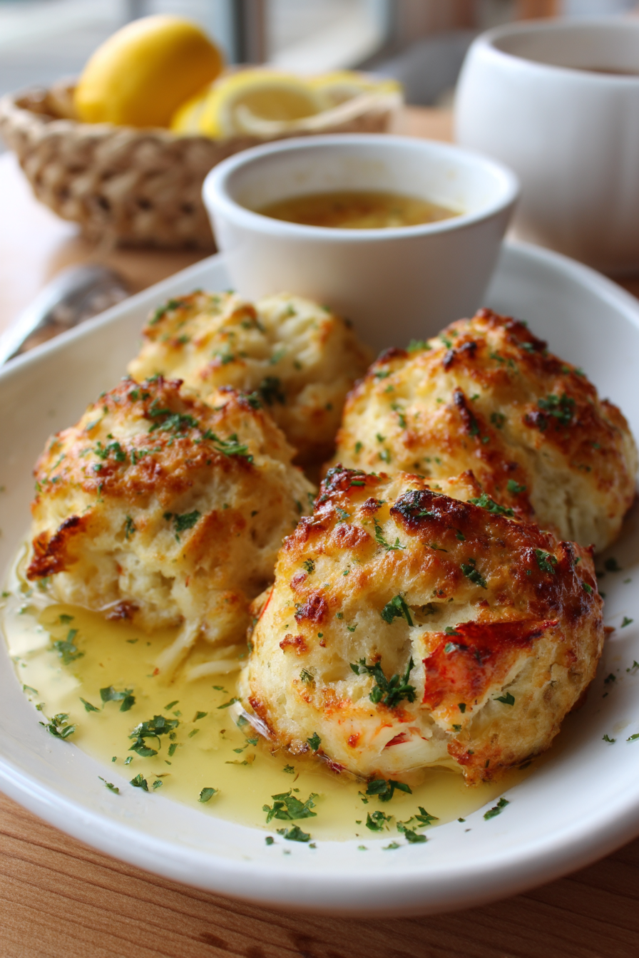 Crab Stuffed Cheddar Bay Biscuits with Lemon Butter Sauce
