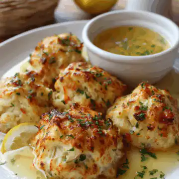 Crab Stuffed Cheddar Bay Biscuits with Lemon Butter Sauce