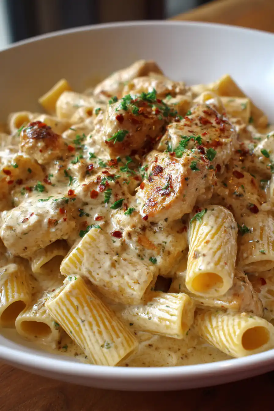 Creamy Garlic Butter Chicken and Rigatoni in Parmesan Sauce