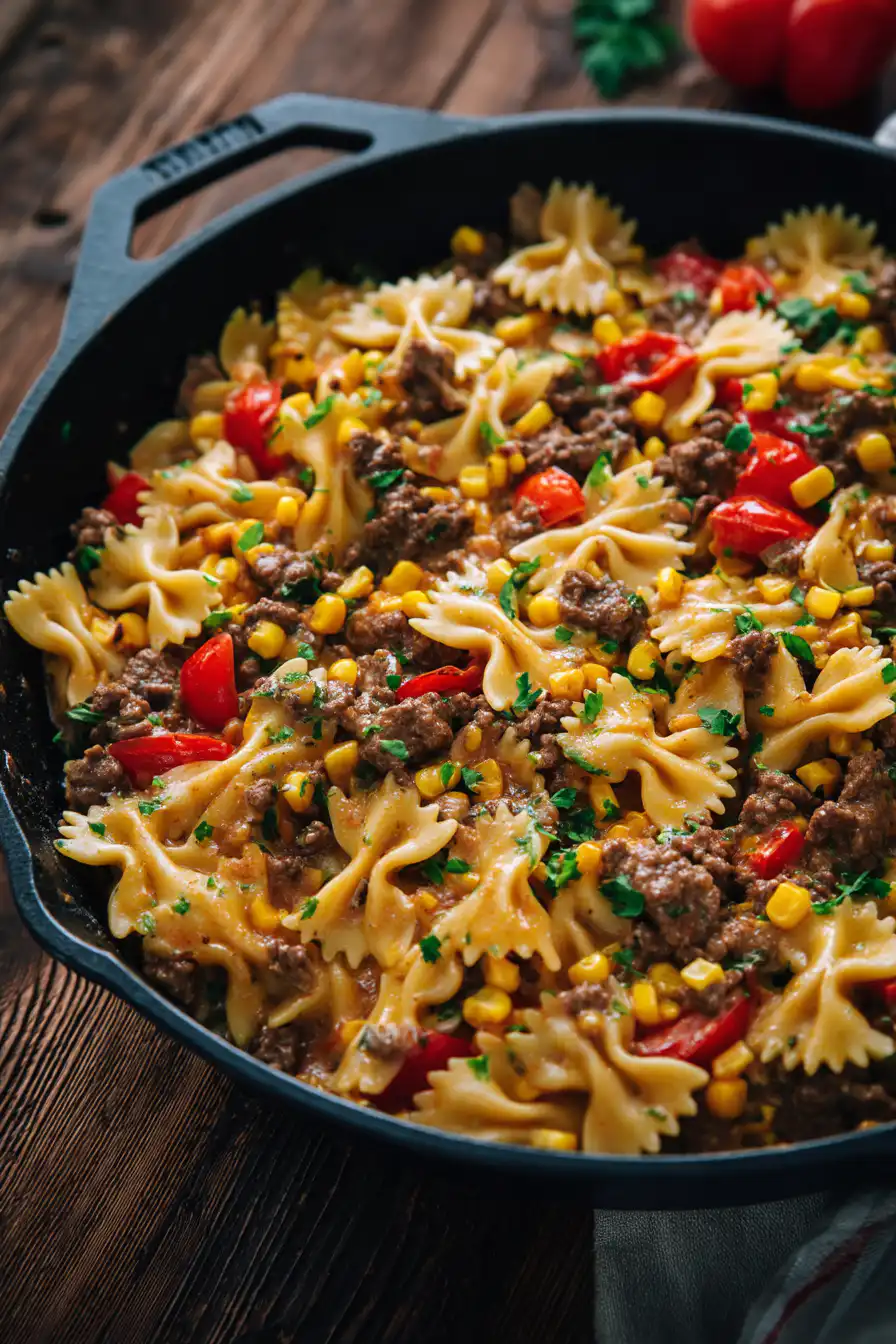 Creamy Ranch Beef Bowtie Skillet with Sweet Corn Magic
