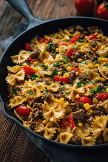 Creamy Ranch Beef Bowtie Skillet with Sweet Corn Magic