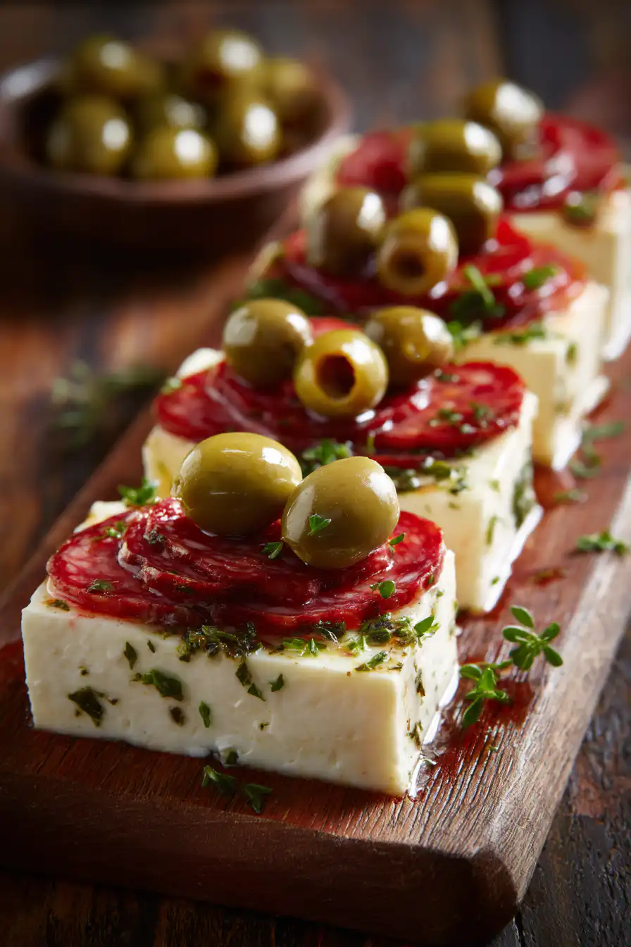 Easy Marinated Cheese Appetizer with Salami & Green Olives