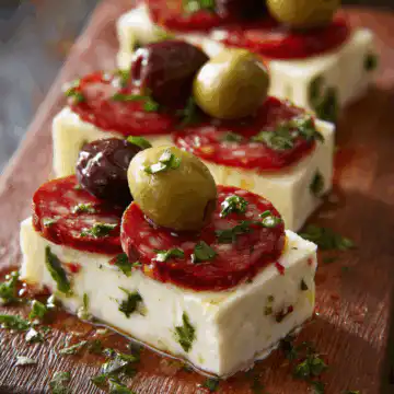 Easy Marinated Cheese Appetizer with Salami & Green Olives