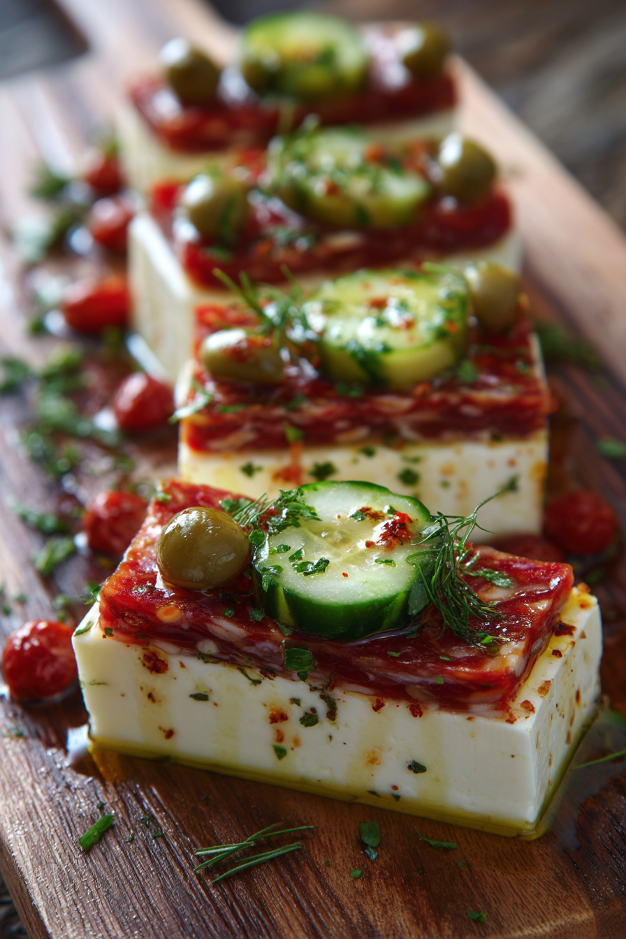 Easy Marinated Cheese Appetizer with Salami & Pickles