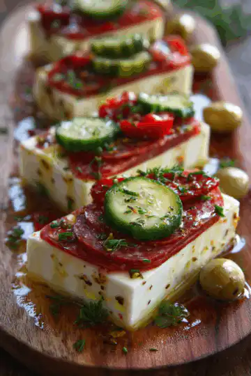 Easy Marinated Cheese Appetizer with Salami & Pickles