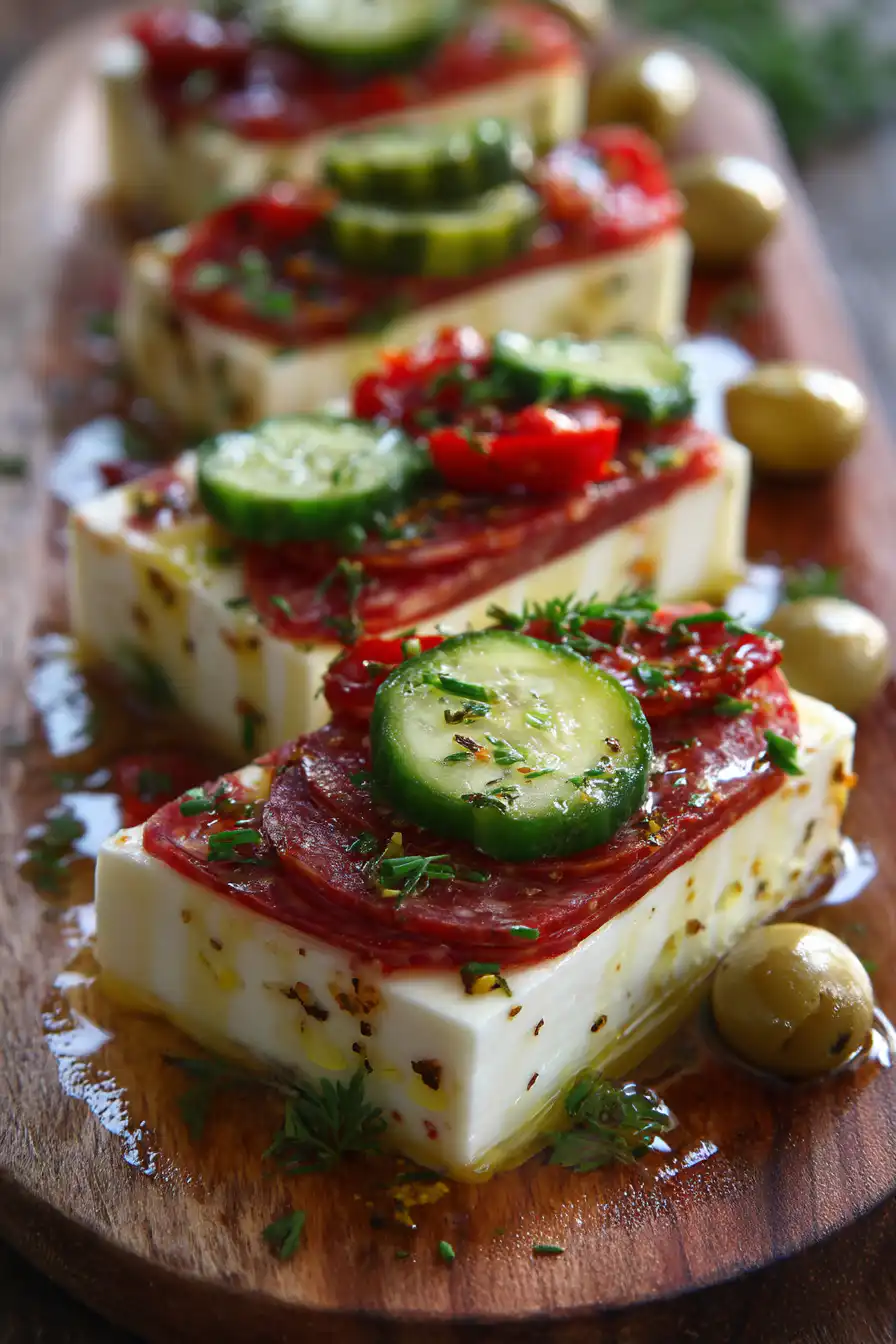 Easy Marinated Cheese Appetizer with Salami & Pickles