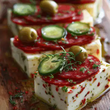 Easy Marinated Cheese Appetizer with Salami & Pickles
