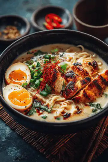 Fiery Chicken Ramen with Creamy Garlic Sauce