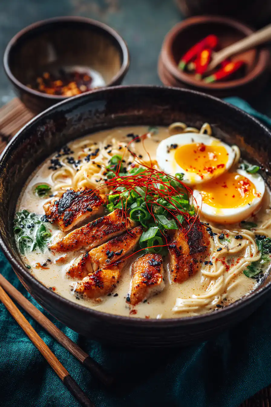Fiery Chicken Ramen with Creamy Garlic Sauce